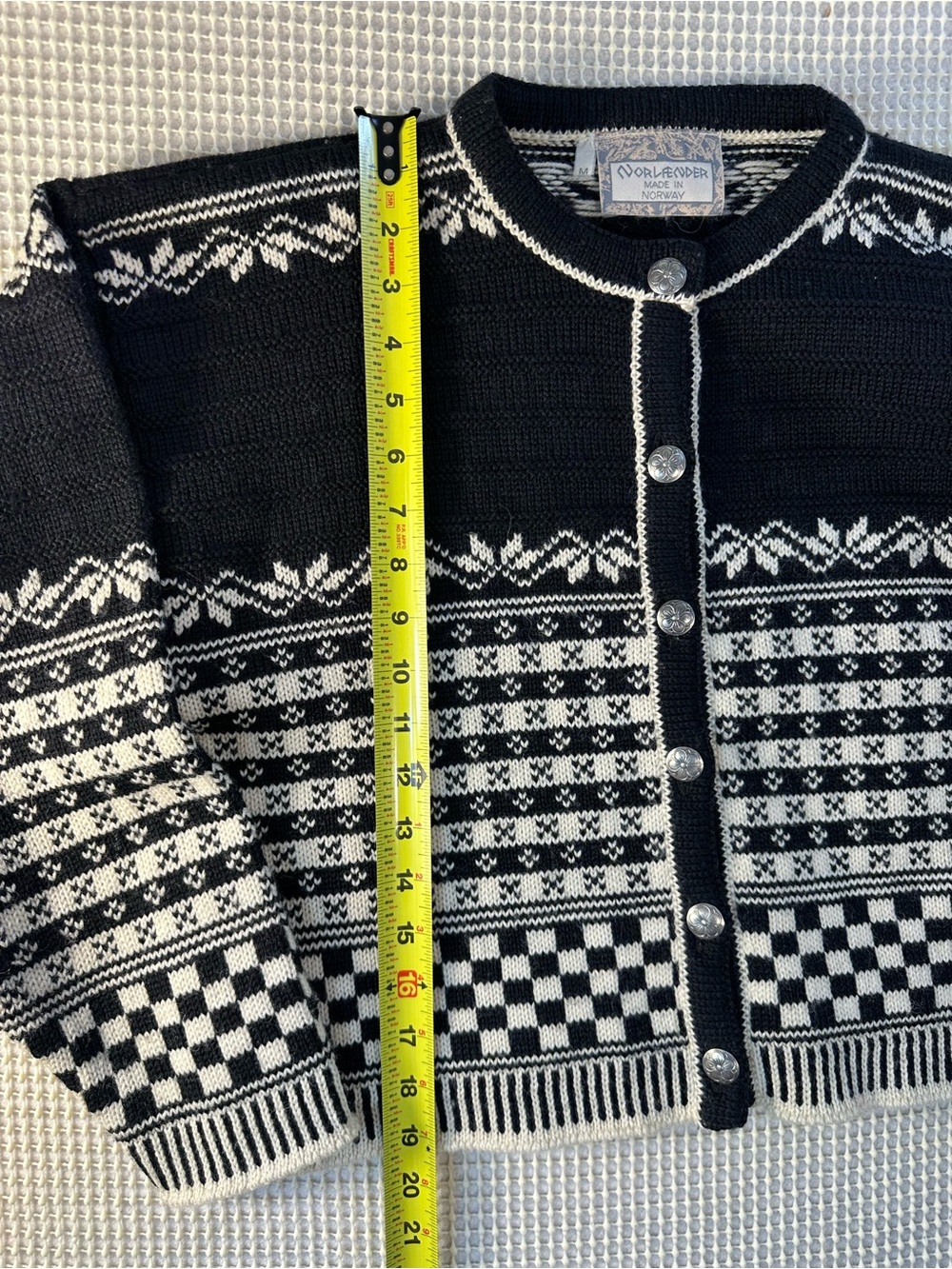 Vintage Norlender Norwegian Wool Cardigan Black Cream Fair Isle Nordic Pewter M - Picture 8 of 10